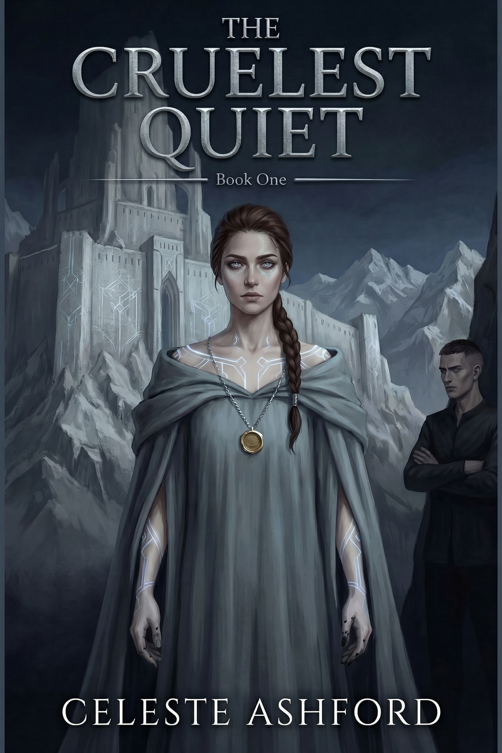 The Cruelest Quiet book cover — dark romantasy with fortress and emotional magic imagery